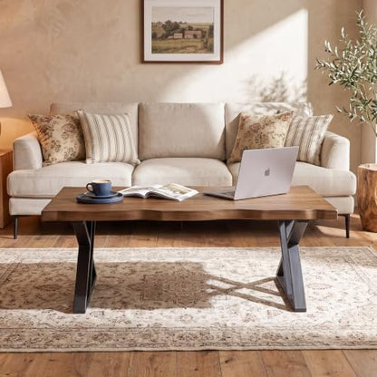 47 Inch Solid Wood Coffee Table with X-Shaped Metal Legs for Living Room | Pinewood Tabletop, Wavy Sihouette Design, Adjustable Foot Pads, Spacious Accent Center Table for Daily Storage & Display