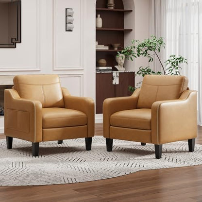 MALOL PU Leather Accent Chair, Mid-Century Modern Living Room Armchair Sofa with Removable Cushions, Solid Wood Frame & Stitched Armrest Design, Bedroom Chair with Plastic Legs, Chocolate Brown — Brown / Set of 1 (2)