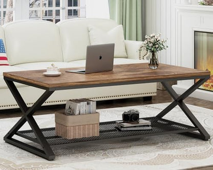 LVB Coffee Table for Living Room, 2 Tier Tea Table, 47 inch, Rustic Brown | Industrial Metal Wood Coffee Table with Storage, Farmhouse Wooden Rectangle Center Table with Mesh Shelf for Office Bedroom
