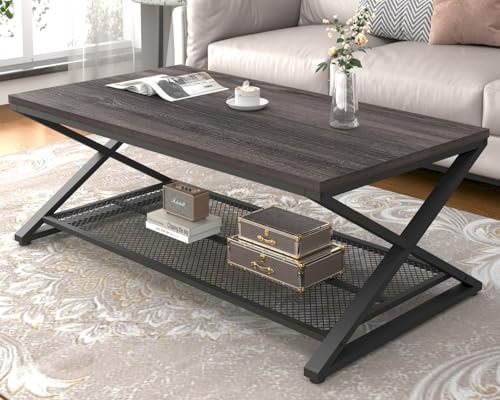LVB Coffee Table for Living Room, 2 Tier Tea Table, 47 inch, Rustic Brown | Industrial Metal Wood Coffee Table with Storage, Farmhouse Wooden Rectangle Center Table with Mesh Shelf for Office Bedroom — Dark Gray Oak / 47 inch (2)