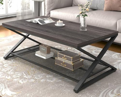 LVB Coffee Table for Living Room, 2 Tier Tea Table, 47 inch, Rustic Brown | Industrial Metal Wood Coffee Table with Storage, Farmhouse Wooden Rectangle Center Table with Mesh Shelf for Office Bedroom — Dark Gray Oak / 47 inch (2)