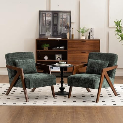 Mid-Century Modern Accent Chair with Solid Wood Frame，Upholstered Chenille Living Room Arm Chairs with Pillow for Bedroom, Living Room, Balcony, Reading Room, Green — 1 / Dark Green (2)