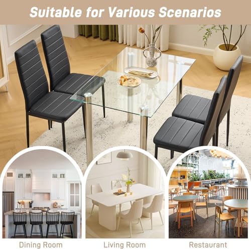 Karl home Dining Chairs Set of 4, PU Leather & High Back, Black | Black kitchen chairs with padded seats & foot cap protection for dining kitchen living room,300lbs capacity,space-saving