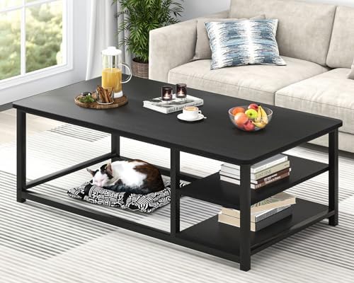 EXCEFUR Modern Coffee Table, Rustic Wood and Metal Living Room Table with Storage Shelf, Industrial Brown, 47 Inch — Black (2)