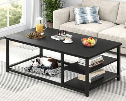 EXCEFUR Modern Coffee Table, Rustic Wood and Metal Living Room Table with Storage Shelf, Industrial Brown, 47 Inch — Black (2)