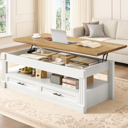 Itaar 47.2" Lift Top Coffee Table with Storage, Farmhouse Coffee Tables for Living Room with 4 Wood Drawers & Large Hidden Storage Space, Center Table for Living Room, Black + Brown
