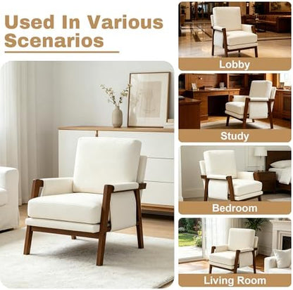 RNKSFX Cream Accent Chair for Bedroom & Living Room, Mid Century Modern Accent Arm Chair, Upholstered Anthropologie Accent Chair with Solid Wood Frame, Fabric
