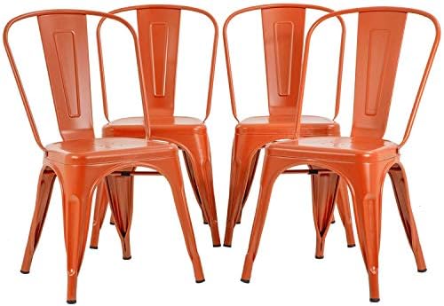 FDW | Metal Dining Chairs | Set of 4 | Black | Stackable Tolix Side Chairs with Backrest | Scratch-Resistant | Non-Slip Feet | Indoor/Outdoor Use | 330 lbs Capacity | for Kitchen & Restaurant — Orange / Steel Seat (2)