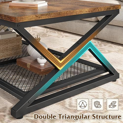 EnHomee Coffee Table with Storage & Shelf for Living Room, Rustic Brown | Families, Wood & Metal, Holds Magazines & Drinks, Industrial Design