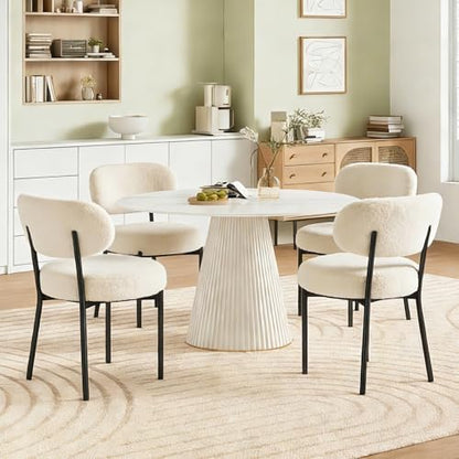 DUMOS Dining Chairs Set of 2, Mid Century Modern Chair Round Upholstered Curved Backrest, Kitchen Vanity Living Room Chairs with Black Metal Legs，Ivory White — Ivory White / Set of 2 (8)