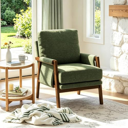 RNKSFX Cream Accent Chair for Bedroom & Living Room, Mid Century Modern Accent Arm Chair, Upholstered Anthropologie Accent Chair with Solid Wood Frame, Fabric