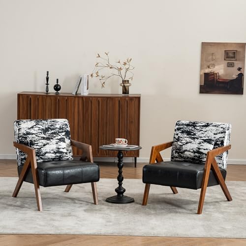 Mid-Century Modern Accent Chair with Solid Wood Frame，Upholstered Chenille Living Room Arm Chairs with Pillow for Bedroom, Living Room, Balcony, Reading Room, Green — 1 / Black (2)