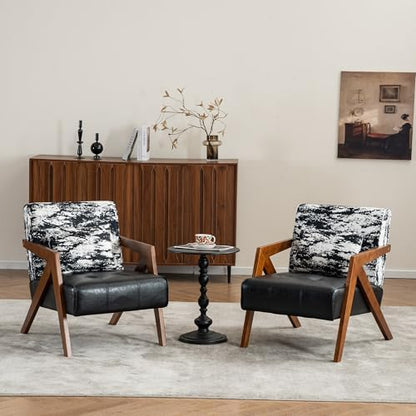 Mid-Century Modern Accent Chair with Solid Wood Frame，Upholstered Chenille Living Room Arm Chairs with Pillow for Bedroom, Living Room, Balcony, Reading Room, Green — 1 / Black (2)