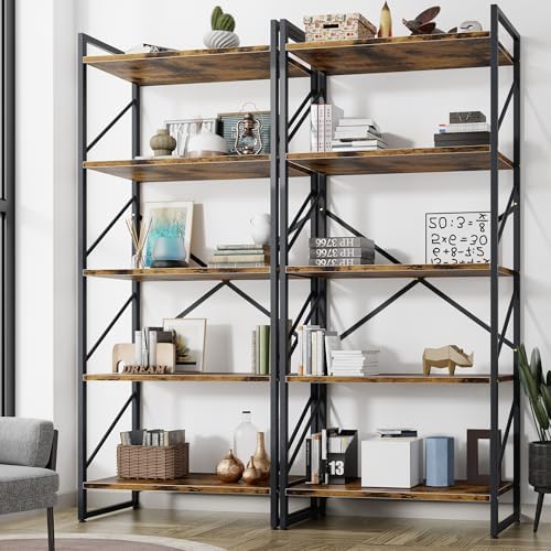 Shintenchi 5 Tiers Bookshelf, Classically Tall Bookcase Shelf, Industrial Book Rack, Modern Book Holder in Bedroom/Living Room/Home/Office, Storage Rack Shelves for Books/Movies-Rustic Brown — 2pcs/Rustic Brown (2)