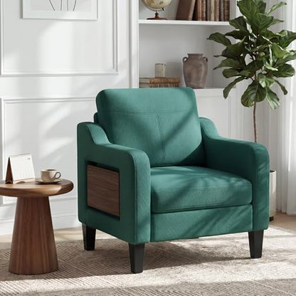 Accent Chair for Living Room, Mid-Century Upholstered Armchair with Foldable Table & 2 Side Pockets, Modern Linen Wooden Sofa Chair for Bedroom & Reading Room, Light Grey