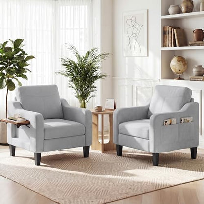 Accent Chair for Living Room, Mid-Century Upholstered Armchair with Foldable Table & 2 Side Pockets, Modern Linen Wooden Sofa Chair for Bedroom & Reading Room, Light Grey