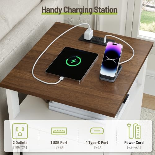 3 Pieces Farmhouse Coffee Table and End Table Sets with AC | 2 Side Tables with USB Ports for Living Room, Office, Apartment, White and Walnut