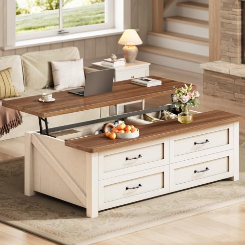 Itaar 47.2" Lift Top Coffee Table with Storage, Farmhouse Coffee Tables for Living Room with 4 Wood Drawers & Large Hidden Storage Space, Center Table for Living Room, Black + Brown — White + Brown / 2 Drawers (2)