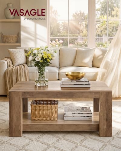 VASAGLE Coffee Table, 2-Tier Center Table with Rustic Charm and Clean Lines, Farmhouse Style, for Living Room, 21.7 x 39.4 x 17.7 in, Honey Brown, Koni Collection ULCT270K101