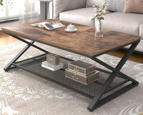 LVB Coffee Table for Living Room, 2 Tier Tea Table, 47 inch, Rustic Brown | Industrial Metal Wood Coffee Table with Storage, Farmhouse Wooden Rectangle Center Table with Mesh Shelf for Office Bedroom — Rustic Brown / 47 inch (9)