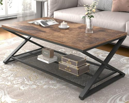 LVB Coffee Table for Living Room, 2 Tier Tea Table, 47 inch, Rustic Brown | Industrial Metal Wood Coffee Table with Storage, Farmhouse Wooden Rectangle Center Table with Mesh Shelf for Office Bedroom — Rustic Brown / 47 inch (9)