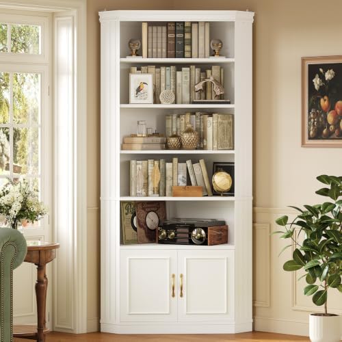 UPOSOJA 83” Tall Corner Bookshelf with Storage Cabinet, L-Shaped 5 Tier Bookcase Open Racks, Classical Style Bookshelves Adjustable Shelves, Home Office, Living Room & Kitchen — White (10)