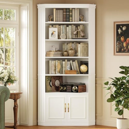 UPOSOJA 83” Tall Corner Bookshelf with Storage Cabinet, L-Shaped 5 Tier Bookcase Open Racks, Classical Style Bookshelves Adjustable Shelves, Home Office, Living Room & Kitchen — White (10)