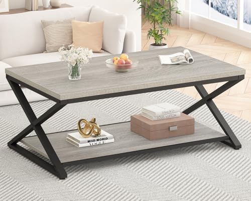 HSH Wood Coffee Table with Storage, Farmhouse Rustic Brown Coffee Table for Living Room, Modern Minimalist 2 Tier Center Table, Simple Rectangle Cocktail Tea Table in Home Office Bedroom, 39 Inch — 39 Inch / Light Grey Oak (2)