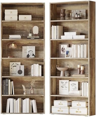 IRONCK Bookshelf and Bookcases 70" Tall, 6 Tiers Display Storage Shelves | Bookshelves Set of 2, Wood Bookcase with Open Display Shelves for Home Office, Living Room, Library, Industrial Brown — Industrial Brown (8)