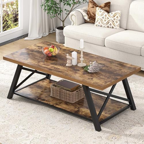 EXCEFUR Modern Coffee Table, Rectangle Center Table for Living Room with Storage Shelf, Industrial Wood and Metal Cocktail Tea Table, Rustic Oak, 47 Inch — Rustic Brown (2)