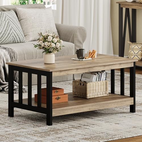 ChooChoo Mission Coffee Table, Black Wood Living Room Table with Shelf, 40 Black — Rustic Oak & Black / 22"D x 39.9"W x 18.1"H (2)