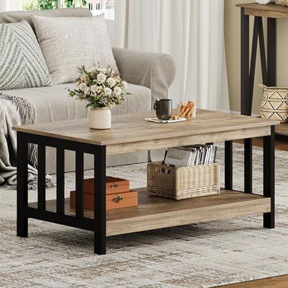 ChooChoo Mission Coffee Table, Black Wood Living Room Table with Shelf, 40 Black — Rustic Oak & Black / 22"D x 39.9"W x 18.1"H (2)