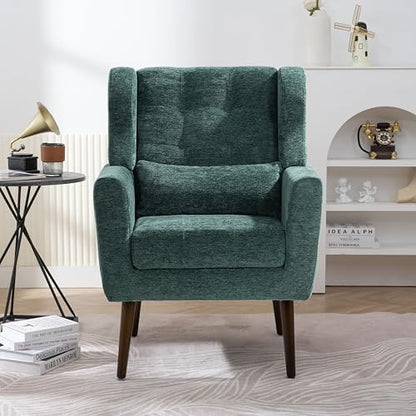 Accent Chair, Comfy Upholstered Living Room Chairs with High Tufted Backrest and Pillow, Wingback Reading Chair with Solid Wood Legs for Bedroom/Office,Teddy Fabric, Light Green