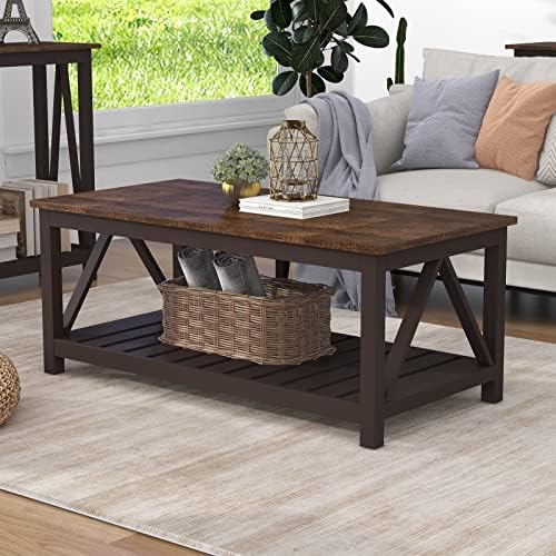 ChooChoo Farmhouse Coffee Table, Rustic Vintage Living Room Table with Shelf, 40 White — Espresso / 40 Inches (2)