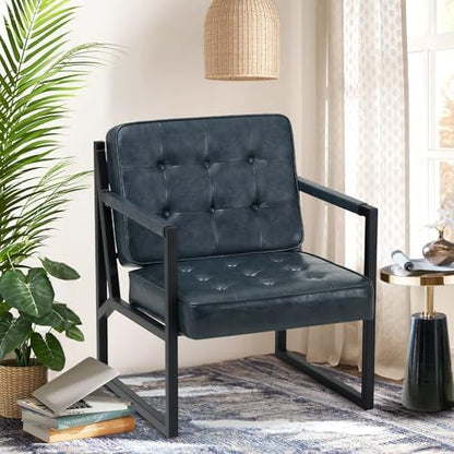 COLAMY Mid Century Modern Accent Chair Set of 2, Comfy Living Room Chair, Black Leather Accent Chair, Faux Leather Reception Armchair with Metal Legs for Living Room Bedroom Reception Office, Black