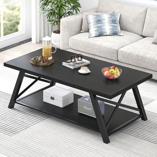 EXCEFUR Modern Coffee Table, Rectangle Center Table for Living Room with Storage Shelf, Industrial Wood and Metal Cocktail Tea Table, Rustic Oak, 47 Inch — Black (2)