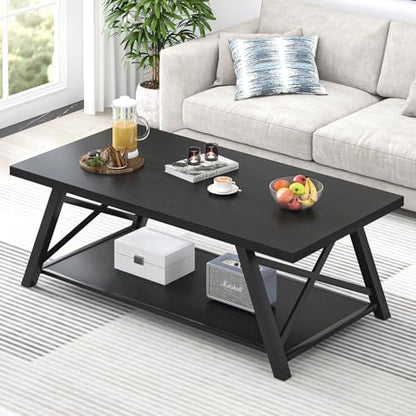 EXCEFUR Modern Coffee Table, Rectangle Center Table for Living Room with Storage Shelf, Industrial Wood and Metal Cocktail Tea Table, Rustic Oak, 47 Inch — Black (2)