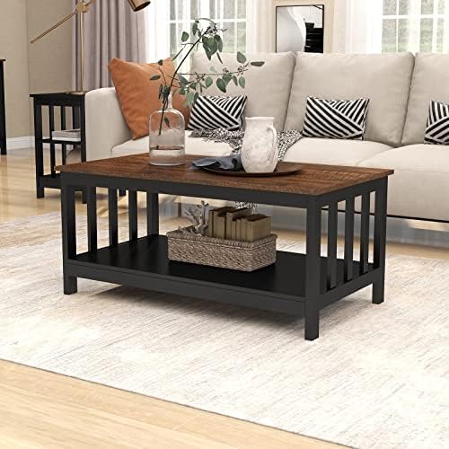 ChooChoo Mission Coffee Table, Black Wood Living Room Table with Shelf, 40 Black