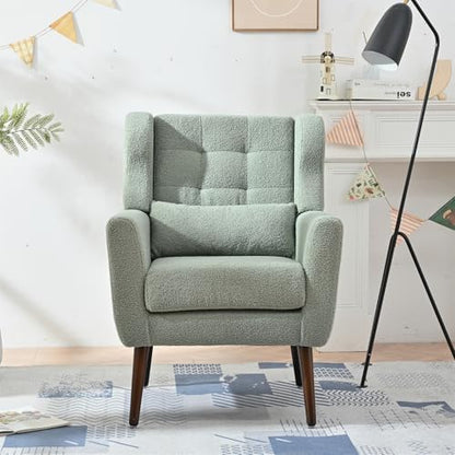 Accent Chair, Comfy Upholstered Living Room Chairs with High Tufted Backrest and Pillow, Wingback Reading Chair with Solid Wood Legs for Bedroom/Office,Teddy Fabric, Light Green