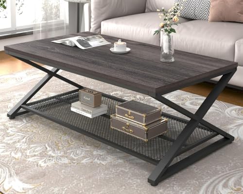 LVB Coffee Table for Living Room, 2 Tier Tea Table, 47 inch, Rustic Brown | Industrial Metal Wood Coffee Table with Storage, Farmhouse Wooden Rectangle Center Table with Mesh Shelf for Office Bedroom