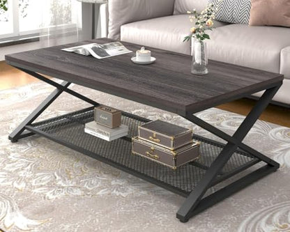 LVB Coffee Table for Living Room, 2 Tier Tea Table, 47 inch, Rustic Brown | Industrial Metal Wood Coffee Table with Storage, Farmhouse Wooden Rectangle Center Table with Mesh Shelf for Office Bedroom