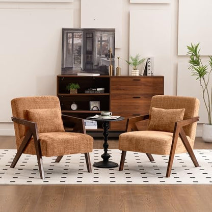 Mid-Century Modern Accent Chair with Solid Wood Frame，Upholstered Chenille Living Room Arm Chairs with Pillow for Bedroom, Living Room, Balcony, Reading Room, Green — 1 / Brown (2)