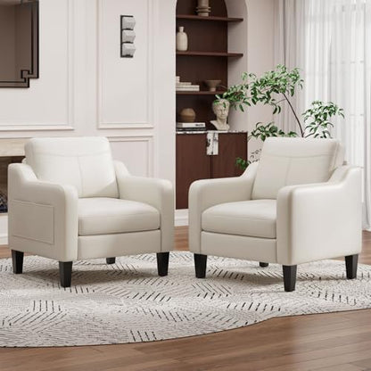 MALOL PU Leather Accent Chair, Mid-Century Modern Living Room Armchair Sofa with Removable Cushions, Solid Wood Frame & Stitched Armrest Design, Bedroom Chair with Plastic Legs, Chocolate Brown — Beige / Set of 1 (2)
