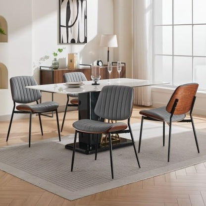 Dining Chairs Set of 4, Mid-Century Modern Upholstered PU Leather Chairs | with Walnut Bentwood Back and Metal Legs Adjustable Feet for Kitchen Dining Room, Camel Shell Strips — Gray Vertical Stripes / 4