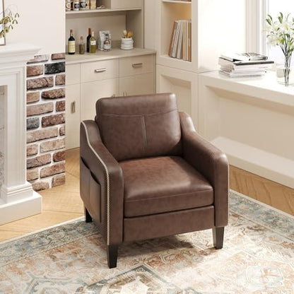 MALOL PU Leather Accent Chair, Mid-Century Modern Living Room Armchair Sofa with Removable Cushions, Solid Wood Frame & Stitched Armrest Design, Bedroom Chair with Plastic Legs, Chocolate Brown