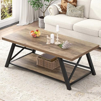 EXCEFUR Modern Coffee Table, Rectangle Center Table for Living Room with Storage Shelf, Industrial Wood and Metal Cocktail Tea Table, Rustic Oak, 47 Inch — Rustic Oak (10)