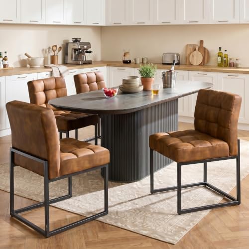GrandNoor Coffee Faux Leather Dining Chairs Set of 4, Mid-Century Modern Dining Room Chairs with Armless, Checkered Kitchen Chair with Metal Legs