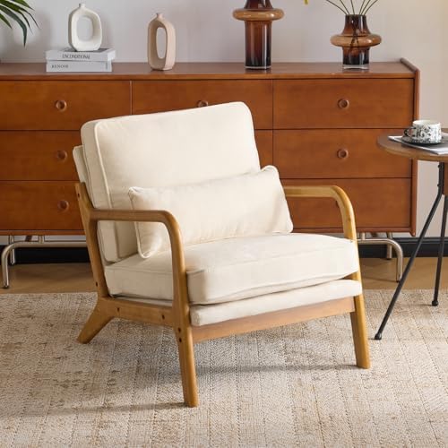 Karl home Mid-Century Modern Accent Reading Chair, Beige | Linen Upholstered, Solid Wood Frame, Soft Cushion, Lumbar Pillow, Lounge Armchair for Living Room, Bedroom, Balcony, Study — Chenille Creamy (2)
