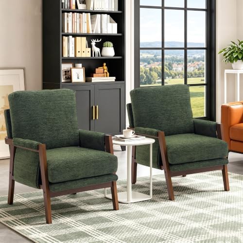 RNKSFX Cream Accent Chair for Bedroom & Living Room, Mid Century Modern Accent Arm Chair, Upholstered Anthropologie Accent Chair with Solid Wood Frame, Fabric