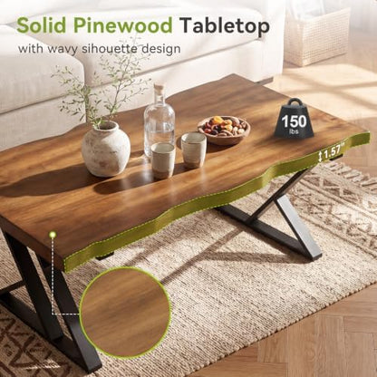 47 Inch Solid Wood Coffee Table with X-Shaped Metal Legs for Living Room | Pinewood Tabletop, Wavy Sihouette Design, Adjustable Foot Pads, Spacious Accent Center Table for Daily Storage & Display